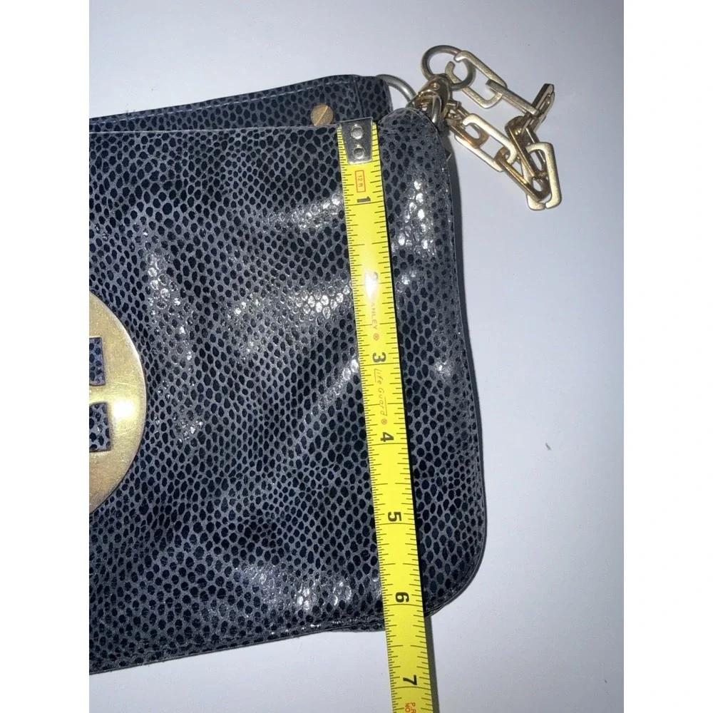 Tory Burch‎ Reva Clutch Blue Leather Snakeskin Print Chain Handbag Bag L